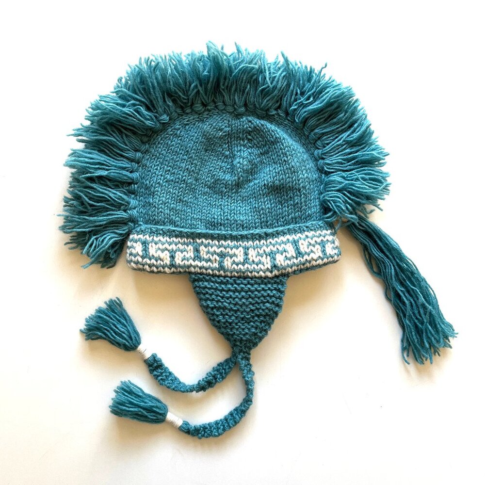 Sherpa Hats Teal Blue Mohawk Knit Wool Fleece Lined Flap Beanie Hat Medium